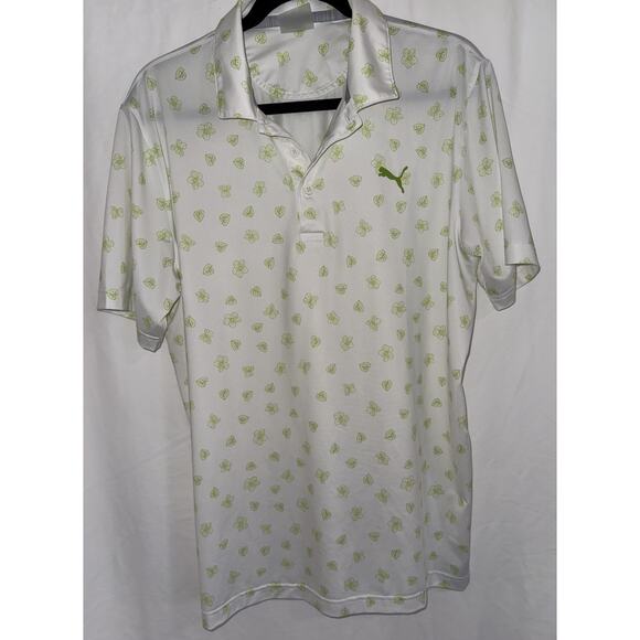 Puma Golf Polo Mattr White Green Spring Sz L Performance Quick Dry Cool Dad Logo - Picture 1 of 14